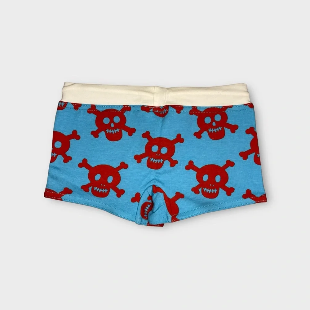 Mini Boden Red Skull Pattern Blue Swim Trunks